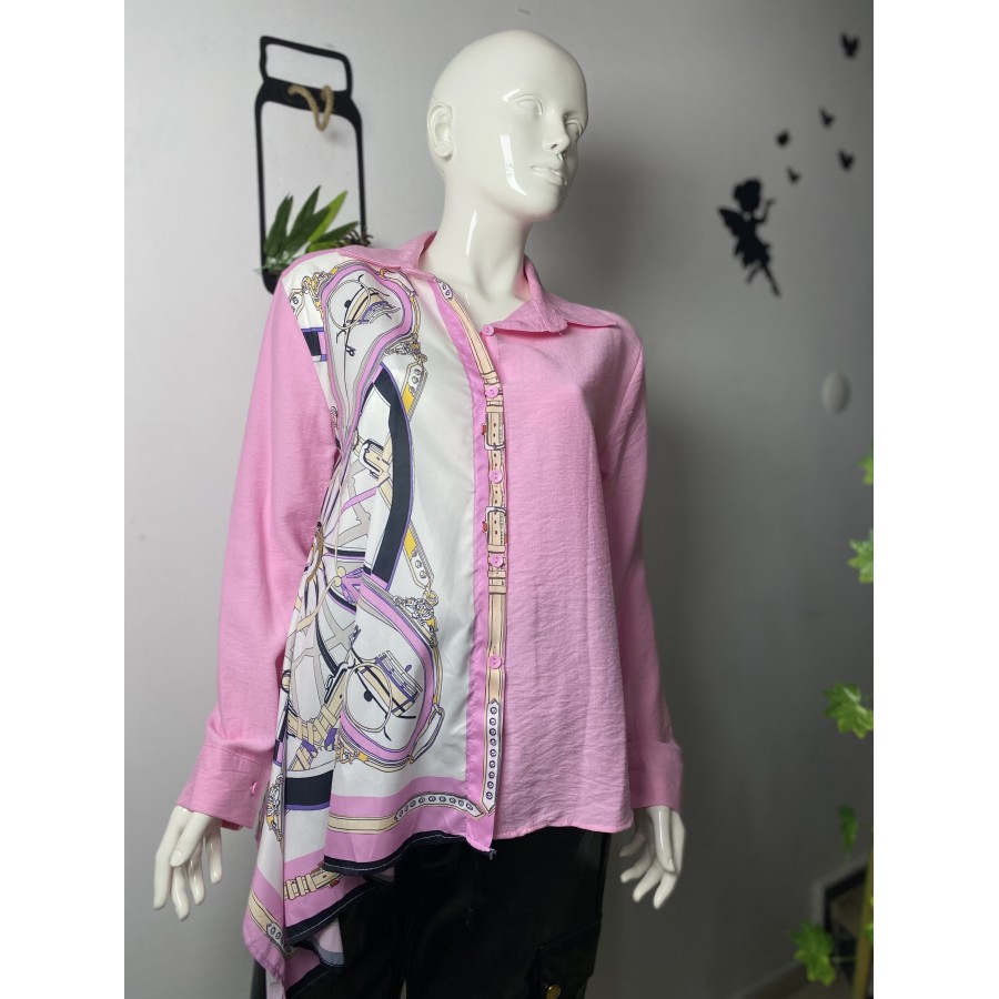 Saten Detay Verev Kesim Gömlek -Pembe-