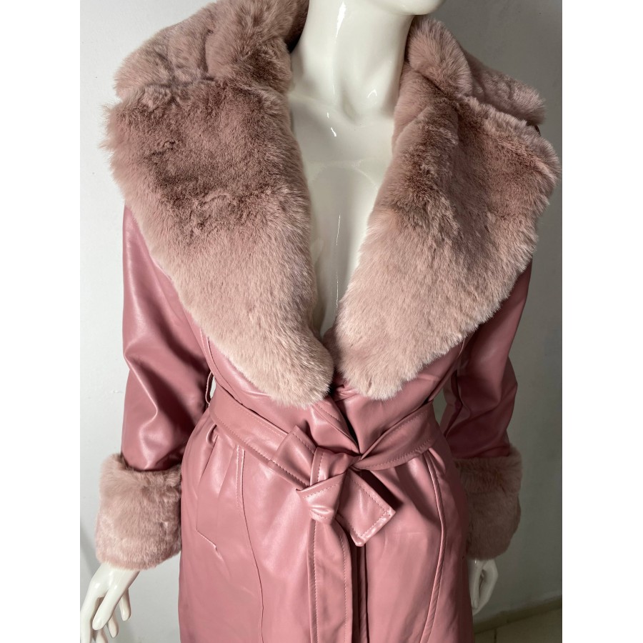 Kürk Yaka Deri Manto -Pembe-