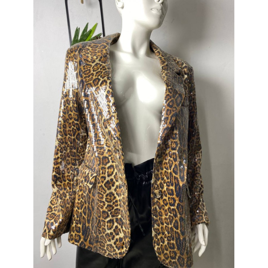 Leopar Desen Payetli Blazer Ceket