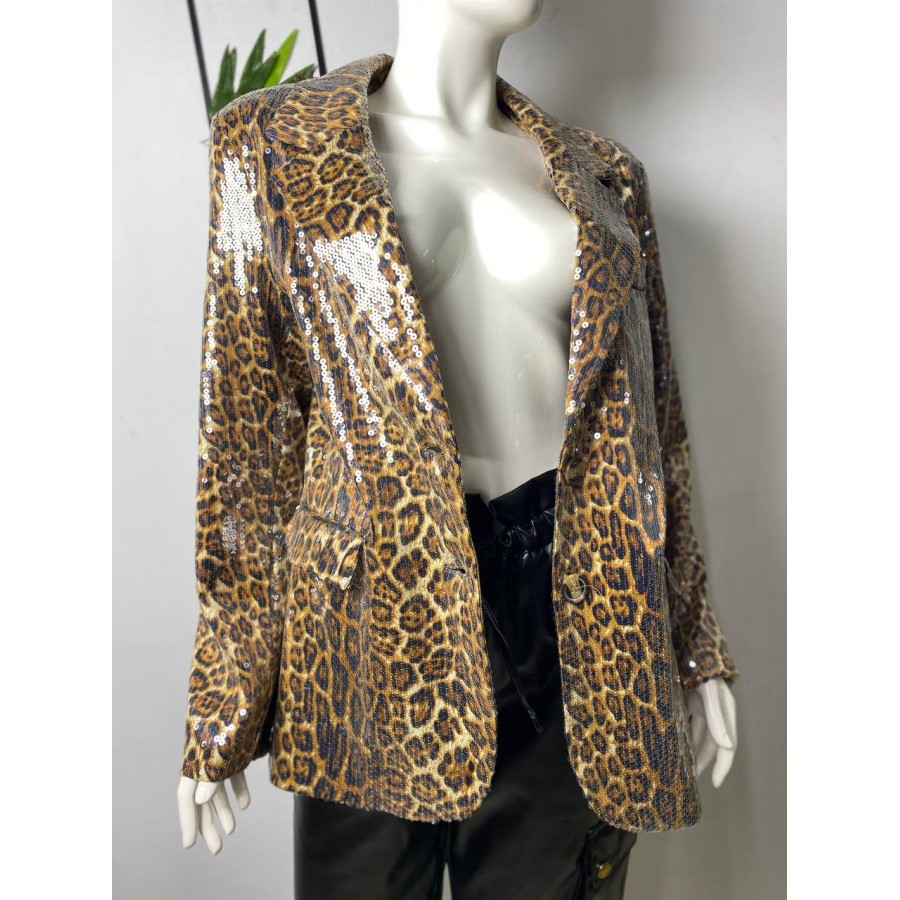 Leopar Desen Payetli Blazer Ceket